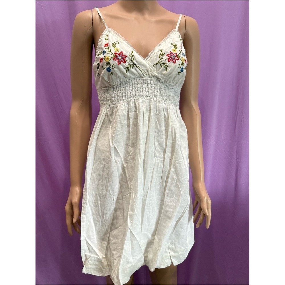 White Embroidered Floral Spaghetti Strap Smocked Mini Sundress - Picture 6 of 8